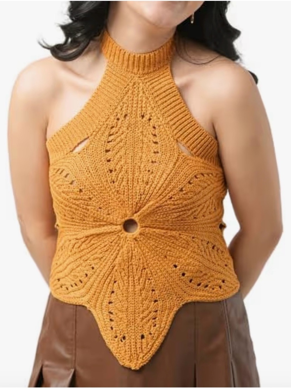 Novelle NWT L dark orange Crochet Halter Top with Floral Motif